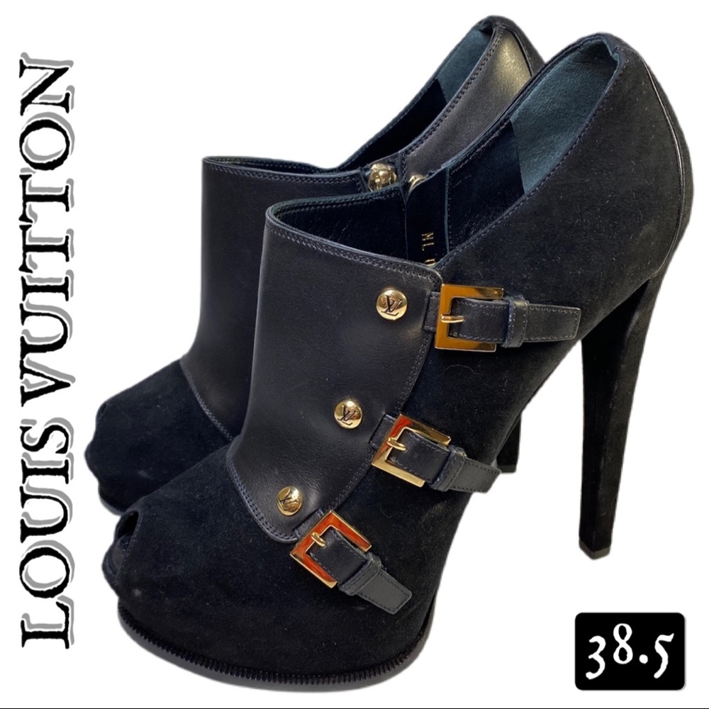 Louis Vuitton Leather & Suede Peep Toe Heeled Booties 38.5